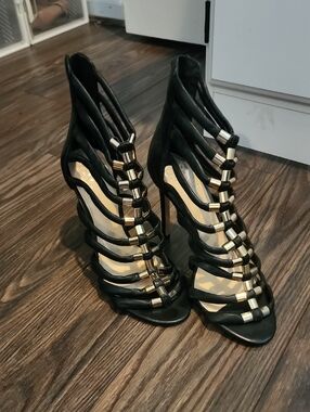 Vince Camuto Black Strappy High-Heel Sandals with Gold Accents